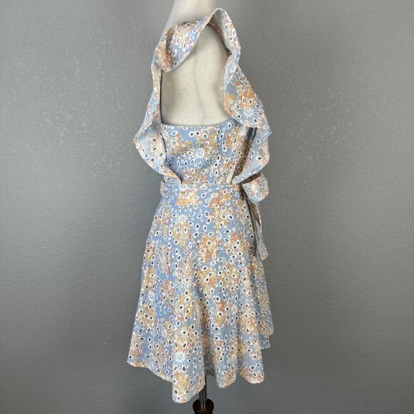 Lovers & Friends Tulip Mini Dress Size M Booklyn Eyelet Blue Floral Cotton - Picture 5 of 8